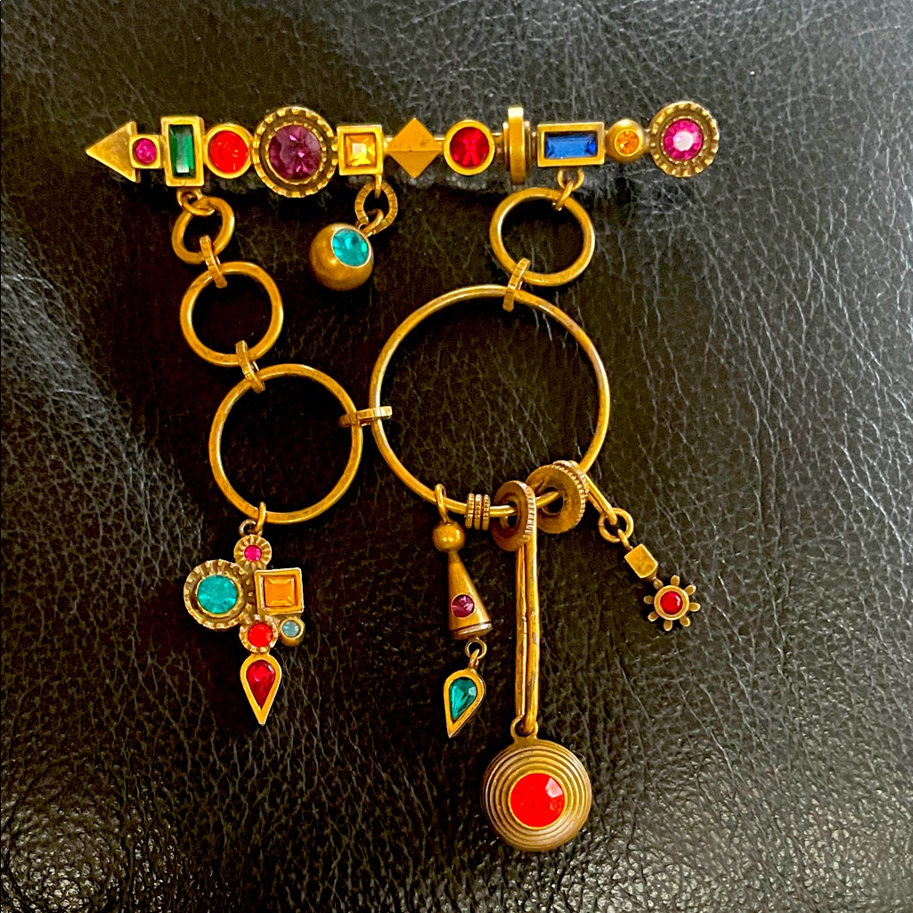 Patricia Locke Brass Tone Crystal Rhinestone Dangle Brooch